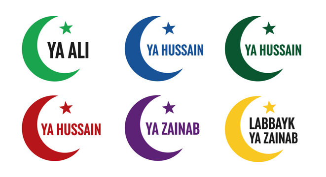 Collection of islamic crescent moon and star symbols with arabic phrases 'ya ali', 'ya hussain', 'ya zainab', and 'labbayk ya zainab' in vibrant green, blue, dark green, red,