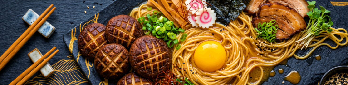 A vibrant and meticulously arranged traditional Japanese ramen noodle soup, artfully featuring succulent chashu pork, distinctive scored shiitake mushrooms, a bright raw egg yolk, fresh green...