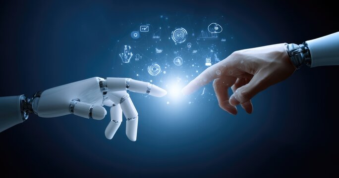 Robotic Hand and Human Finger Connecting with Digital Light.