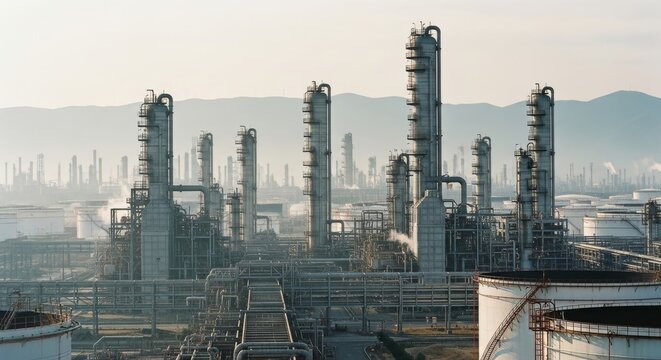 Industrial, refinery and petrochemical complex in hazy morning light with large scale production facility showing processing towers and storage tanks. Energy, manufacturing and industrialization with