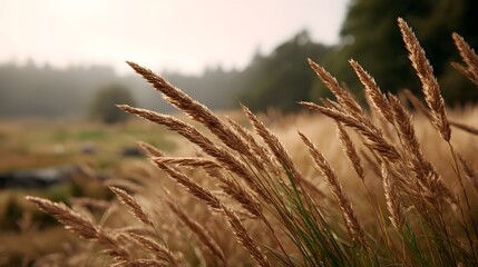 Fototapeta premium Golden grass stalks sway gently in a warm hazy field during autumn creating a serene natural landscape