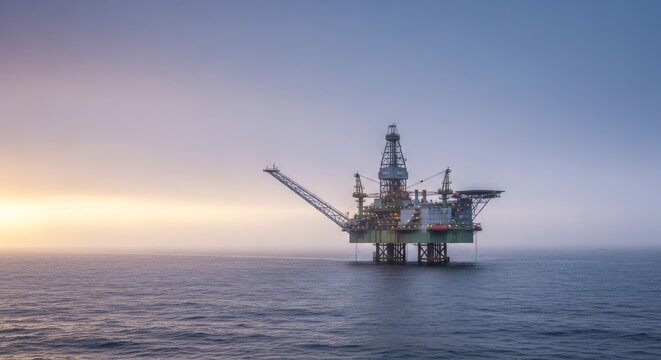 Oil rig, offshore platform and drilling equipment in ocean for energy extraction, petroleum industry with industrial machinery operating at sunrise over calm waters. Exploration, production and