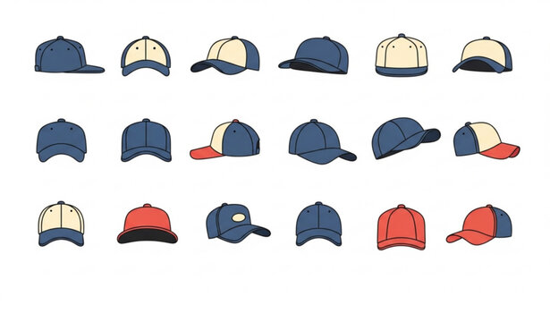 Baseball cap icon bundle with cartoon sport hats and headwear vector set