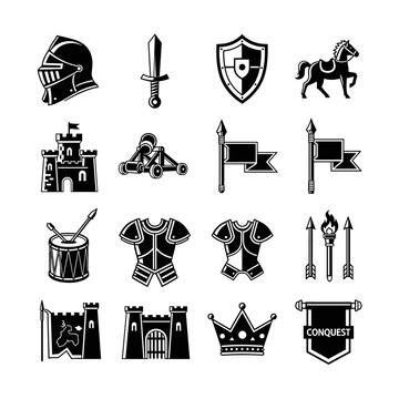 Medieval knight helmet, broadsword, ornate shield, regal horse, imposing castle, siege weapon, heraldic flags, war drum, protective armor, flaming torches, arrows, royal crown,