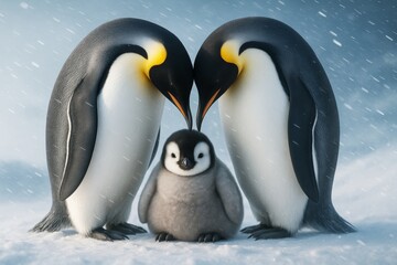 Obraz premium Emperor penguin family embracing baby chick in winter scene with snow, soft light and emotional warmth, symbolizing protection and love. Ai generative