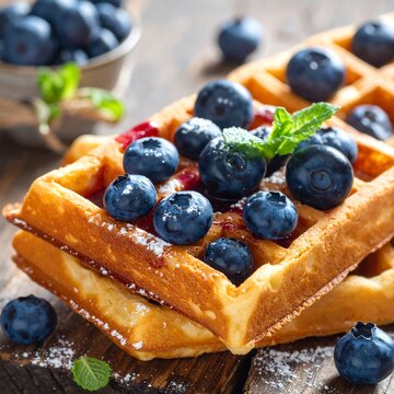 Waffles topped with fresh blueberries and mint on rustic wood