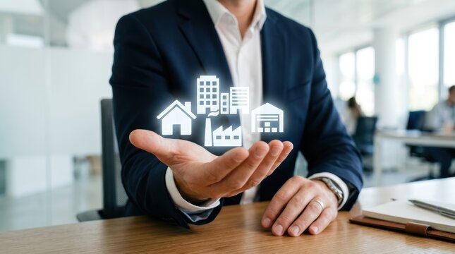 Businessman holding icons representing different types of real estate properties in his palm
