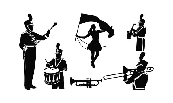Marching band parade members silhouette set with musicians and flag performers vector art.