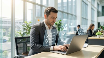 Fototapeta premium Man in suit reviewing digital CVs and checklists on a laptop in a modern office