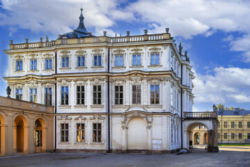 Obraz premium Ploskovice Castle, Czech Republic. Side view of historic Baroque palace building under clear sky in bright daylight