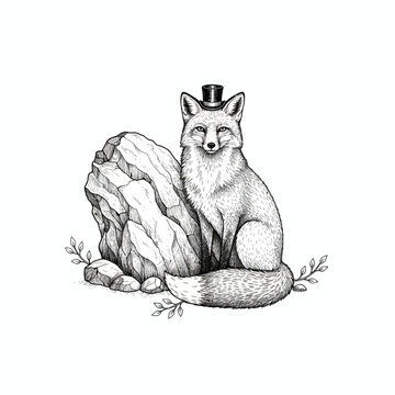 Elegant Fox Wearing a Top Hat Next to a Rock.