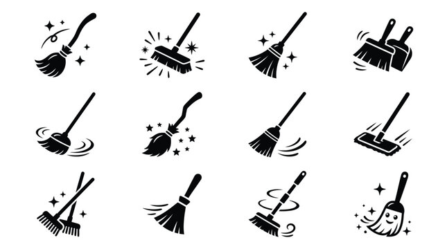 Broom sweep besom icon set vector illustration for web, app, logo, UI. Cleaning tool symbol design.