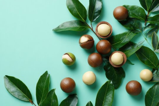 Macadamia Nuts with Green Leaves on a Light Blue Background.