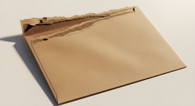 A torn brown paper envelope lying on a flat surface, showing the rough texture of the ripped paper edge and the empty interior of the mailer