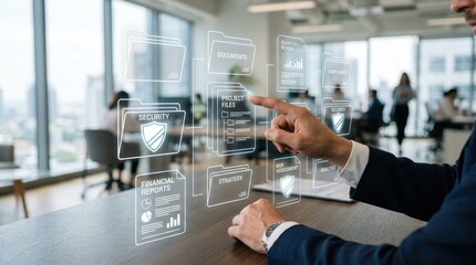 Fototapeta premium Business professional interacting with digital interface of documents and data