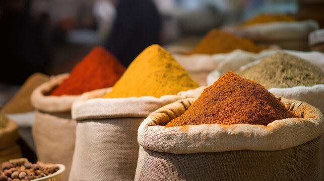 pasilla. Spice stall in a market with sacks of colorful spices. menu design, packaging mockups, designed for culinary blogs and recipe cards for restaurants, inspires cooking.