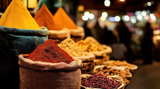 pasilla. Spice stall in a market with sacks of colorful spices. menu design, packaging mockups, designed for culinary blogs and recipe cards for restaurants, inspires cooking.