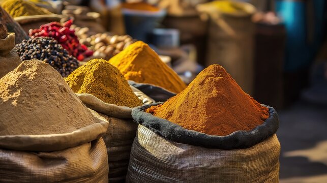pasilla. Spice stall in a market with sacks of colorful spices. menu design, packaging mockups, designed for culinary blogs and recipe cards for restaurants, inspires cooking.