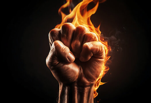 Fist on fire, flaming clenched hand against black background, flames burning