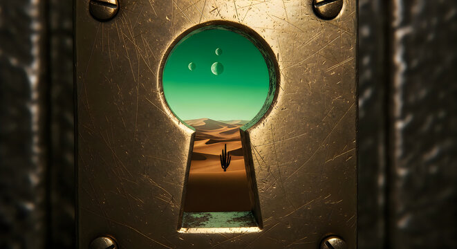 A desert landscape viewed through a keyhole in a metal door with a green sky