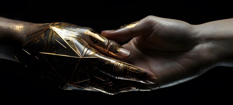 Two hands made of jet black oil hold metallic gold triangles ,generative AI