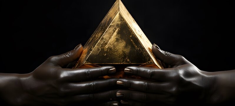 Two hands made of jet black oil hold metallic gold triangles ,generative AI