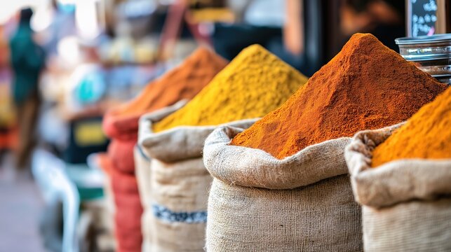 pasilla. Spice stall in a market with sacks of colorful spices. menu design, packaging mockups, designed for culinary blogs and recipe cards for restaurants, inspires cooking.