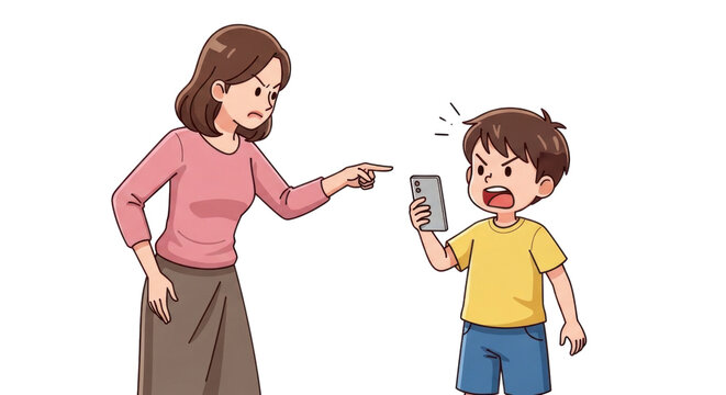 Angry Mother Scolding Son for Using a Mobile Phone in a Cartoon Style