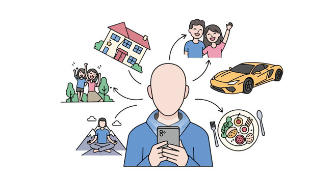 Man Looking at Smartphone with Social Media Pressure Icons, Lifestyle Comparison, FOMO, and Digital Mental Health Concept