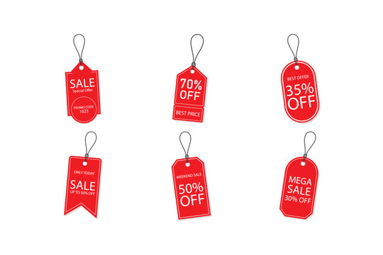 Red Hanging Price Tags with Discount Offers and Promo Codes