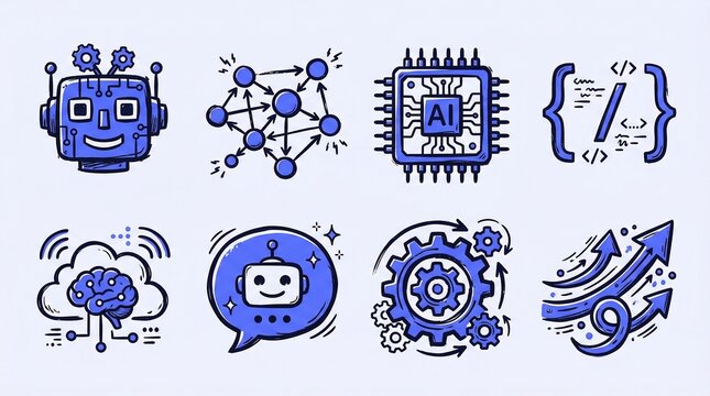 A collection of blue and white robotic icons and symbols for technology and artificial intelligence
