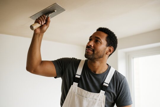 Worker plastering ceiling with trowel during home renovation, dressed in overalls, in bright interior background with natural light. Ai generative