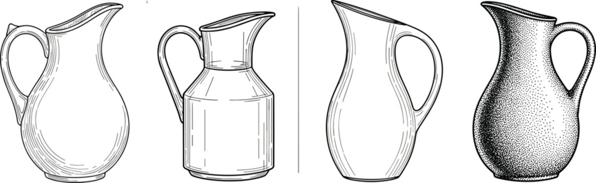 Vintage pitcher and jug collection in engraved sketch style, classic kitchen containers in detailed black vector illustration set
