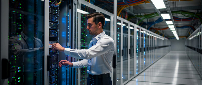 Dedicated male it specialist wearing a crisp white dress shirt performs essential server maintenance by checking hardware configurations and connection status to ensure optimal network performance