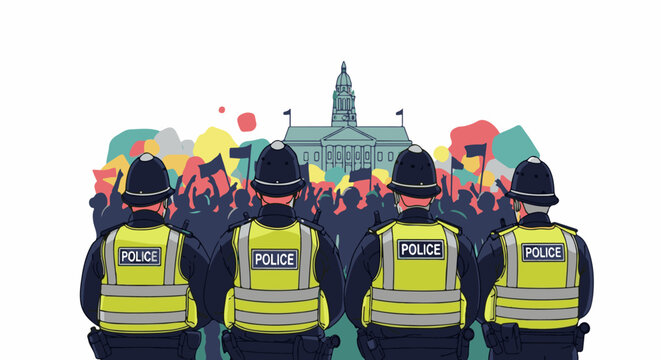 Police officers stand guard in front of a building during a protest with colorful abstract shapes and flags