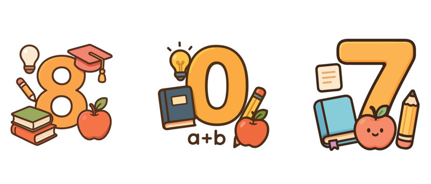 Numbers seven eight and zero with school objects flat vector
