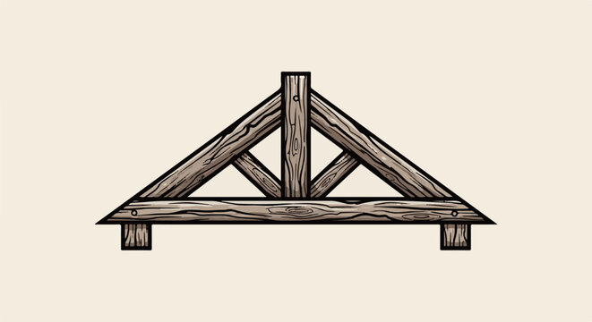 A rustic wooden triangular roof truss, supported by vertical posts