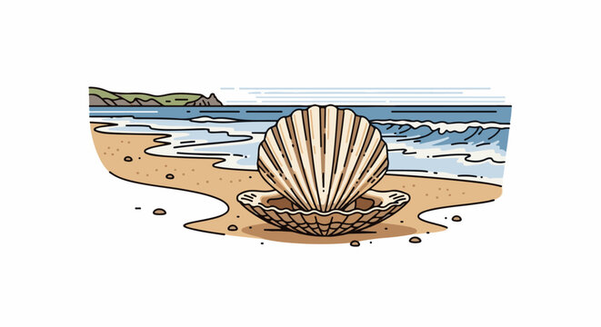 Open scallop shell rests on a sandy beach with gentle waves and distant hills