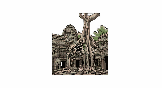 Ancient stone ruins entwined with a massive tree and its sprawling roots, a timeless embrace