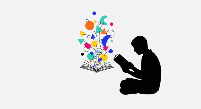 Silhouette of a person reading a book with colorful abstract shapes emerging.