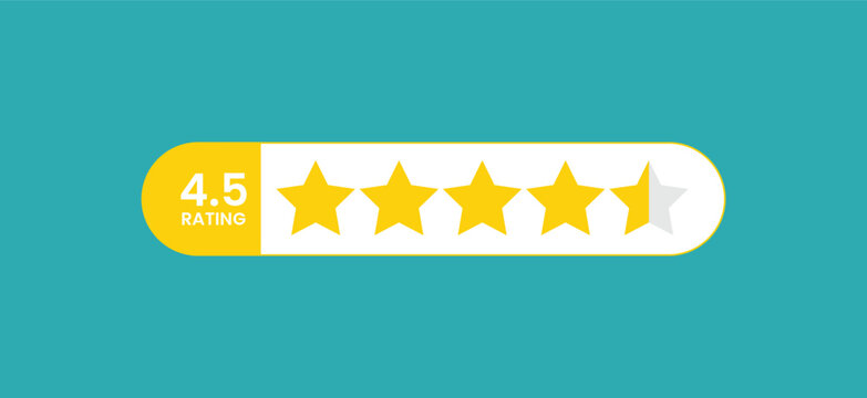 Bright yellow stars show rating of 4.5 out of 5. White bar holds stars against teal background. Simple, clean design for digital interfaces. Perfect for reviews or feedback sections