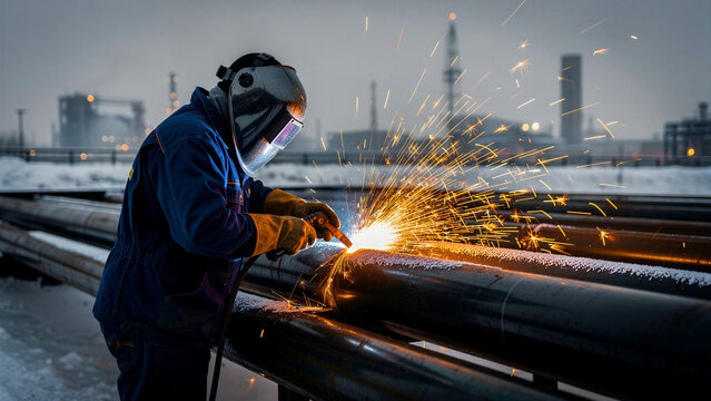 A skilled industrial worker, donned in a dark protective welding helmet, durable overalls, and thick safety gloves, meticulously performs an intensive arc welding operation on robust metal pipeline