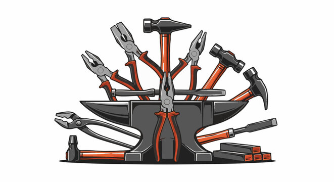 Anvil with various metalworking tools, including hammers, pliers, and chisels