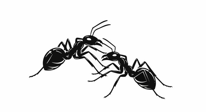 Two black ants in close proximity, appearing to interact