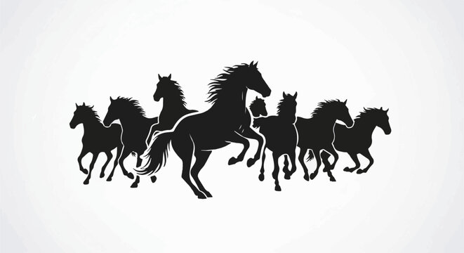 A group of black horses gallop dynamically across a white background
