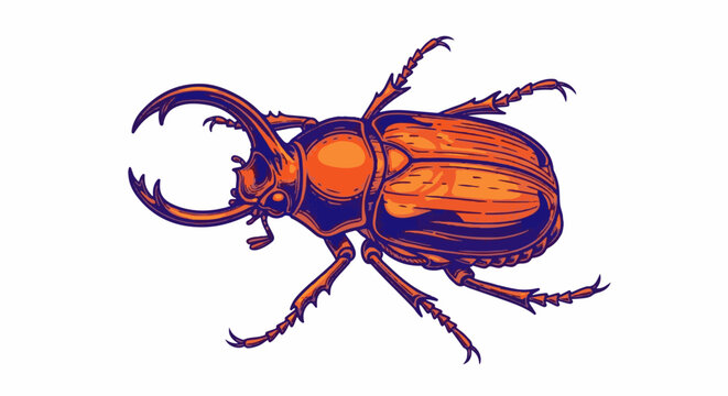 Stylized illustration of a rhinoceros beetle with orange and blue tones, detailed chitinous exoskeleton