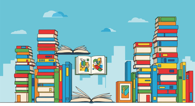 Stacks of colorful books forming a vibrant literary landscape.