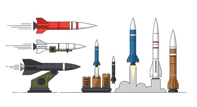 Collection of diverse missile types, featuring sleek aerodynamic designs, some in mid-flight with motion lines, others poised on launchpads with plumes of smoke, rendered in a