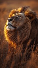 Fototapeta premium A majestic close-up portrait of a wild lion king with a powerful mane and fierce feline gaze captures the strong face of this dangerous big cat predator in its natural safari habitat