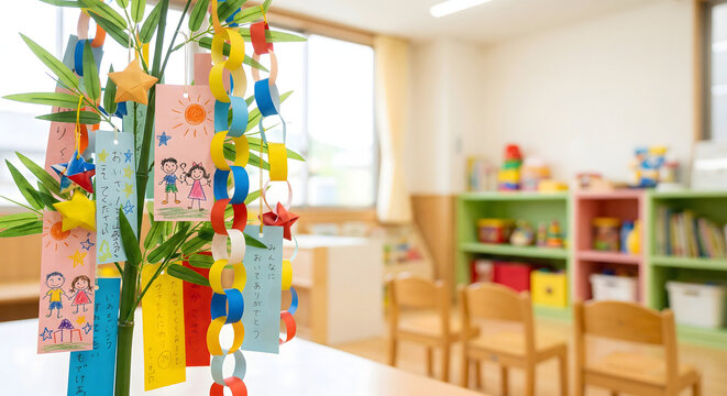 保育園の教室を彩る手作りの七夕笹飾り